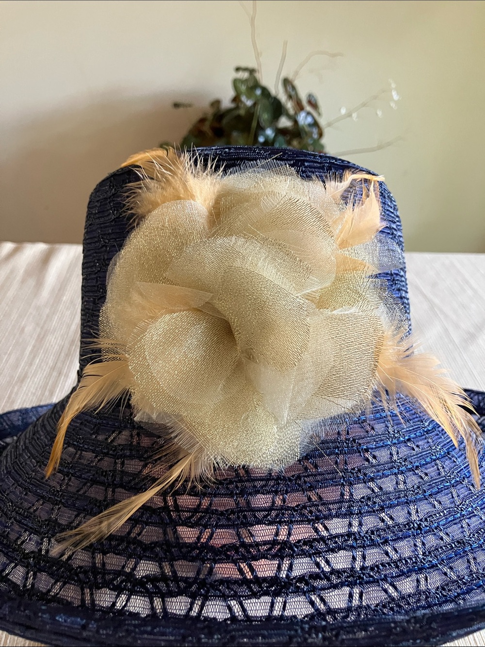 Navy Wide-Brim Hat with Cream Golden Floral Feathered Accent - Picture 2 of 5